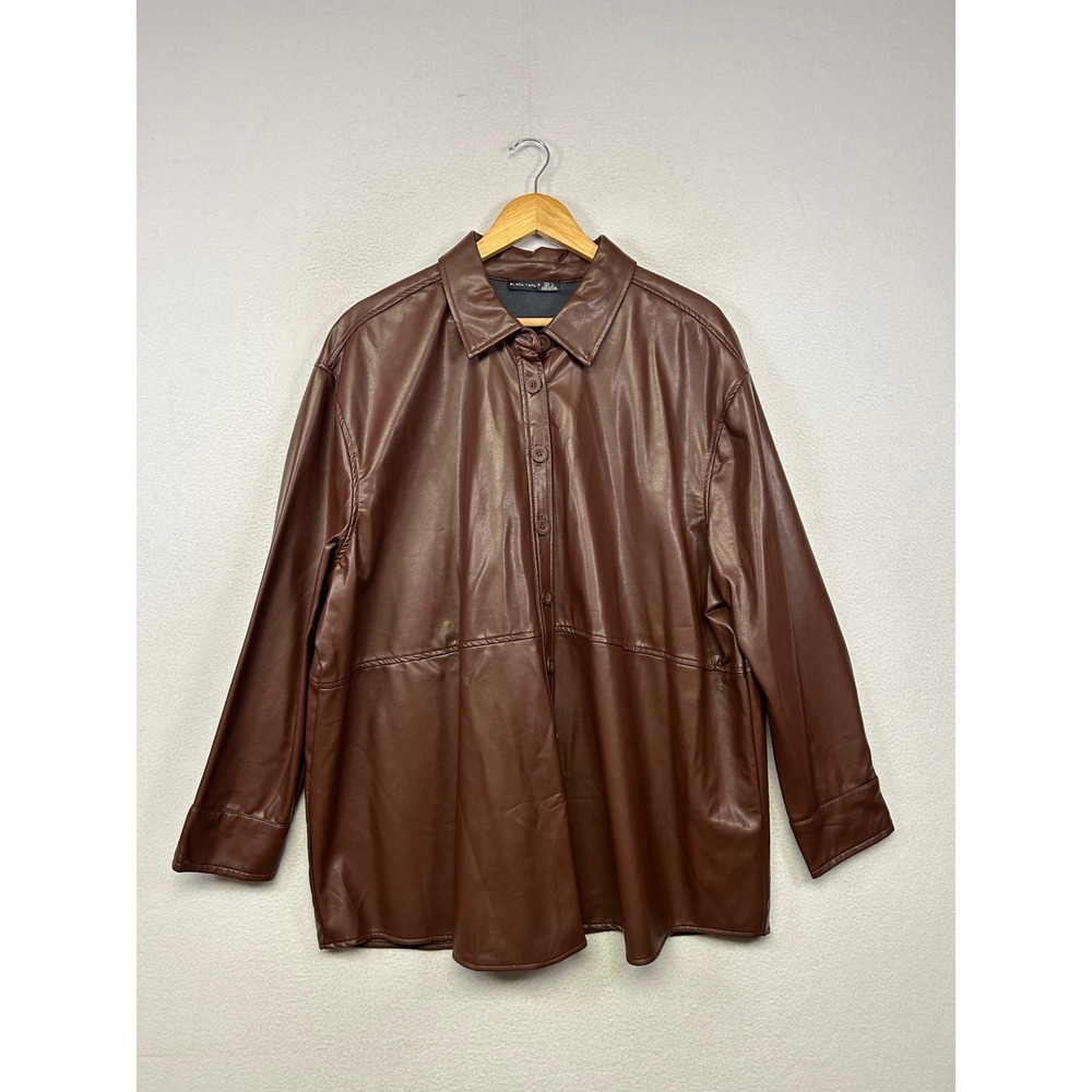 Streetwear Black Tape Womens 2X Brown Faux Leather Button Down Shacket Shirt